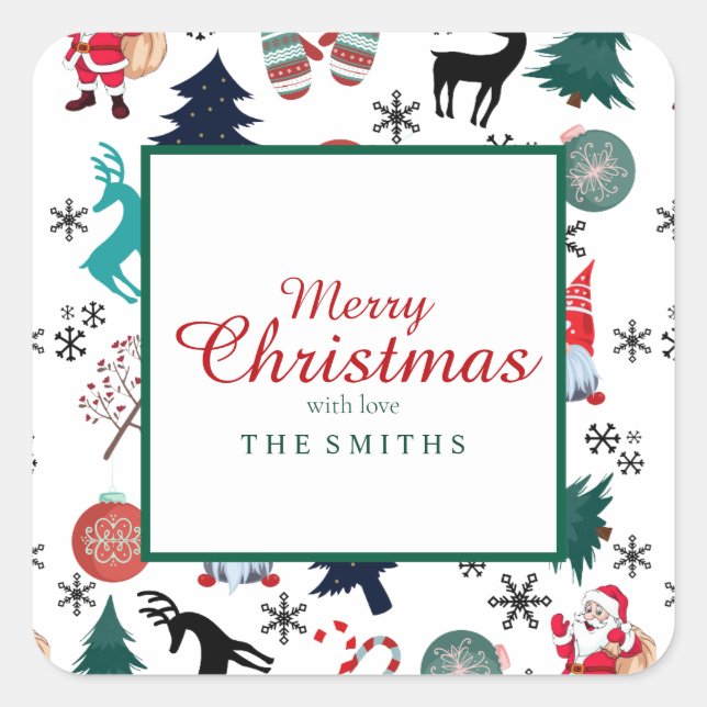 Santa Claus Reindeer Pine Trees Mittens Square Sticker (Front)