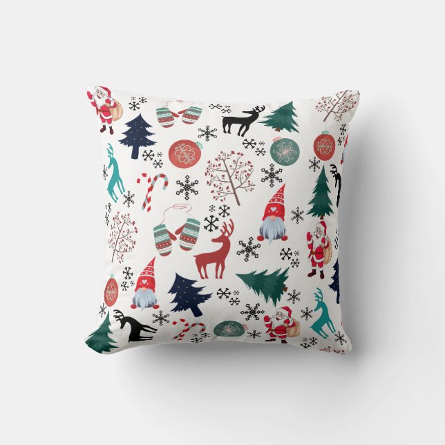 Santa Claus Reindeer Pine Trees Mittens Throw Pillow (Front)