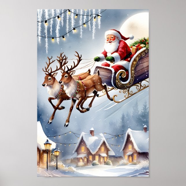 Santa Claus & Reindeer Ride Snowy Scene Wall Art (Front)