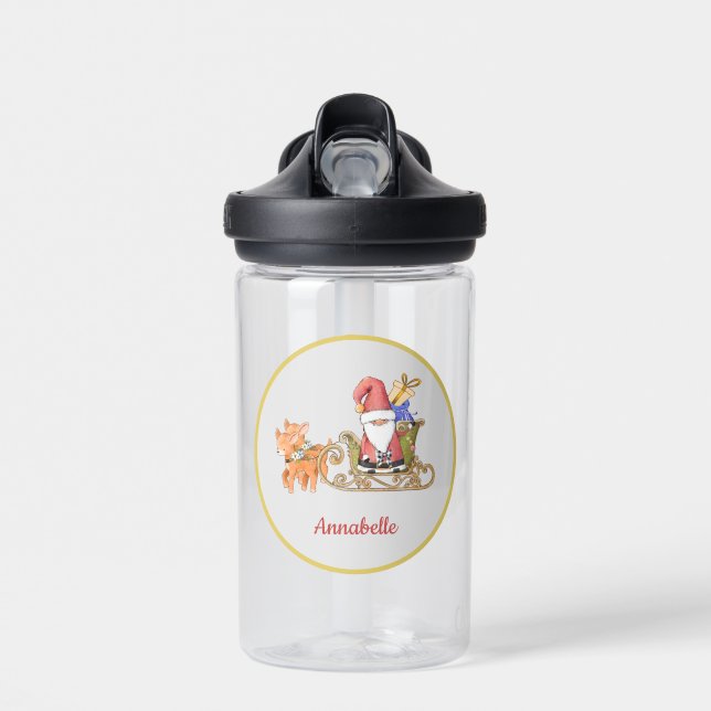 Santa Claus Reindeer Sleigh Name Custom    Water Bottle (Front)
