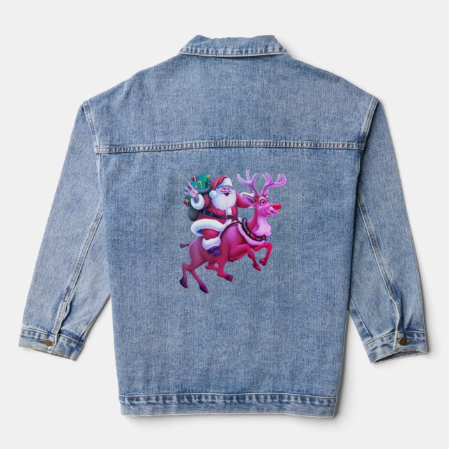 Santa Claus Reindeer Women's Denim Jacket (Back)