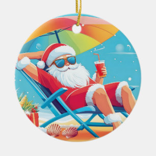 Santa Claus Relaxing on a Tropical Beach Sunbed Ceramic Ornament