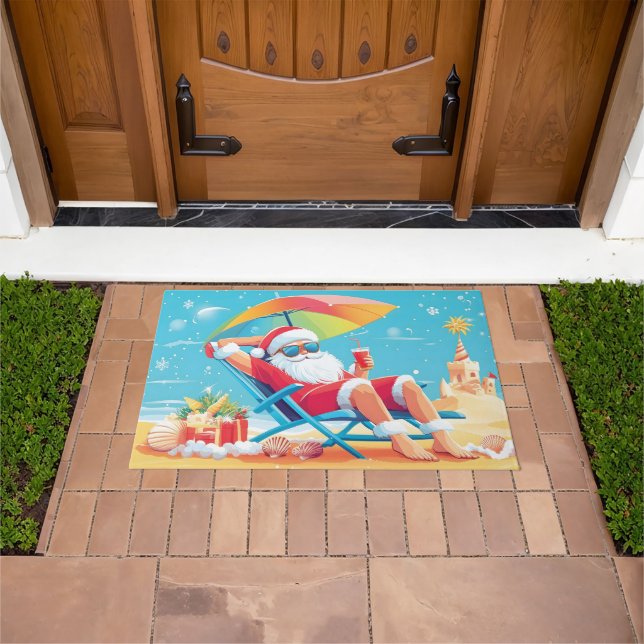 Santa Claus Relaxing on a Tropical Beach Sunbed  Doormat (Outdoor)