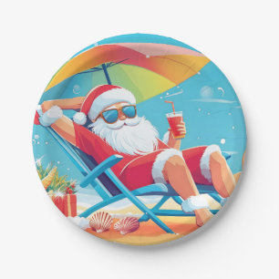 Santa Claus Relaxing on a Tropical Beach Sunbed Paper Plate