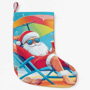 Santa Claus Relaxing on a Tropical Beach Sunbed  Small Christmas Stocking