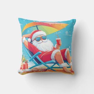 Santa Claus Relaxing on a Tropical Beach Sunbed  Throw Pillow