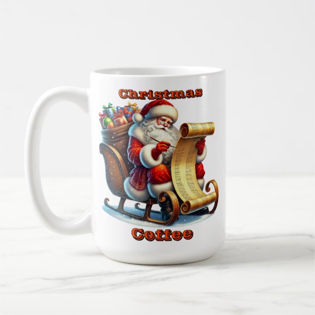 Santa Claus Reviews His List With a Bag of Gifts Coffee Mug (Left)