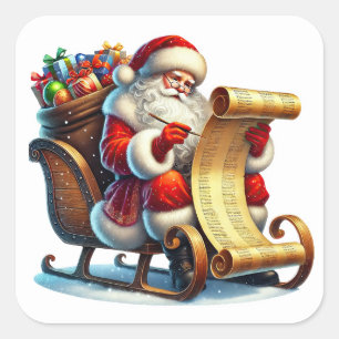Santa Claus Reviews His List With a Bag of Gifts Square Sticker