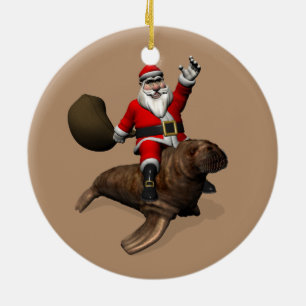 Santa Claus Rides A Walrus Ceramic Ornament