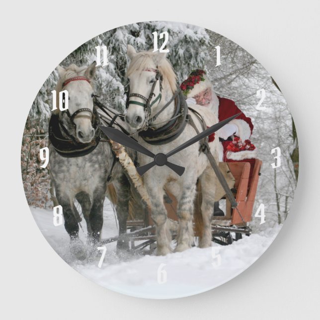 Santa Claus rides in a Horse sleigh Large Clock (Front)