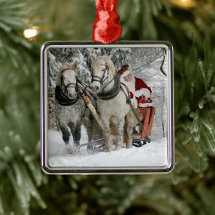 Santa Claus rides in a Horse sleigh Metal Ornament