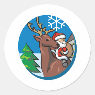 Santa Claus Rides Reindeer Classic Round Sticker
