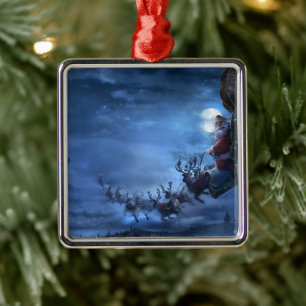 Santa Claus rides reindeer sleigh Metal Ornament