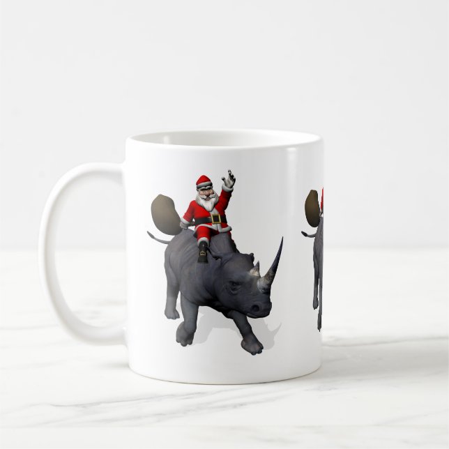 Santa Claus Rides Rhino Rhinoceros Coffee Mug (Left)