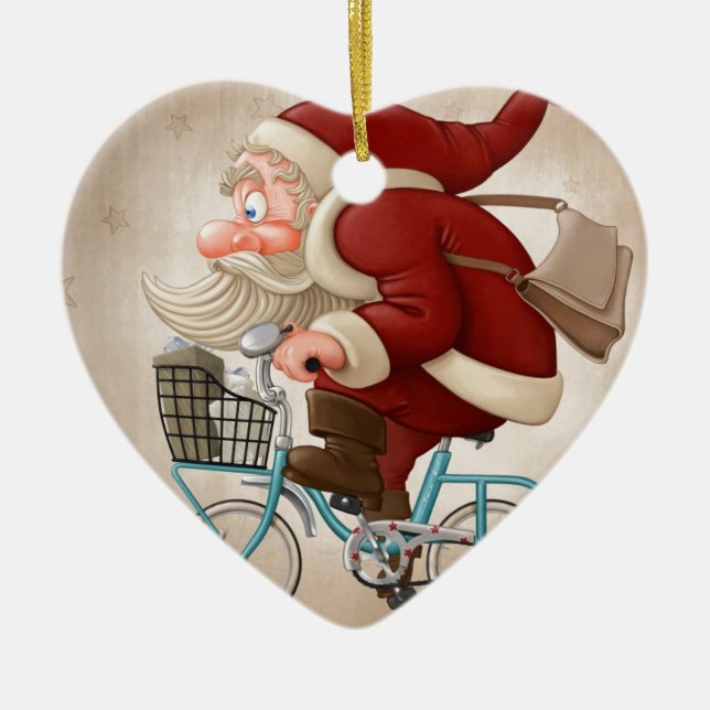 Santa Claus rides the bicycle Ceramic Ornament (Front)