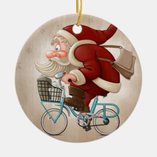Santa Claus rides the bicycle Ceramic Ornament