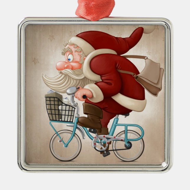 Santa Claus rides the bicycle Metal Ornament (Front)