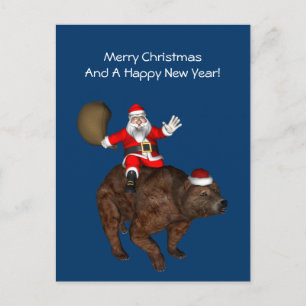 Santa Claus Riding A Bear Holiday Postcard