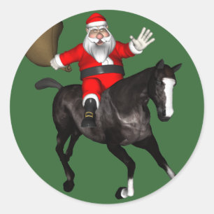 Santa Claus Riding A Black Horse Classic Round Sticker