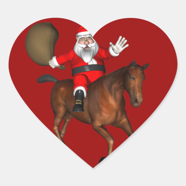 Santa Claus Riding A Brown Horse Heart Sticker (Front)