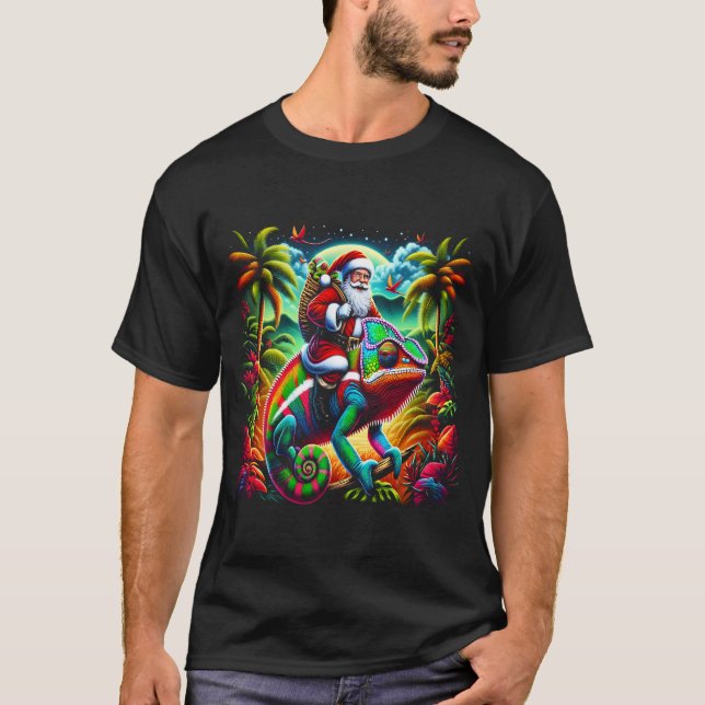 Santa Claus riding a colourful chameleon T-Shirt (Front)