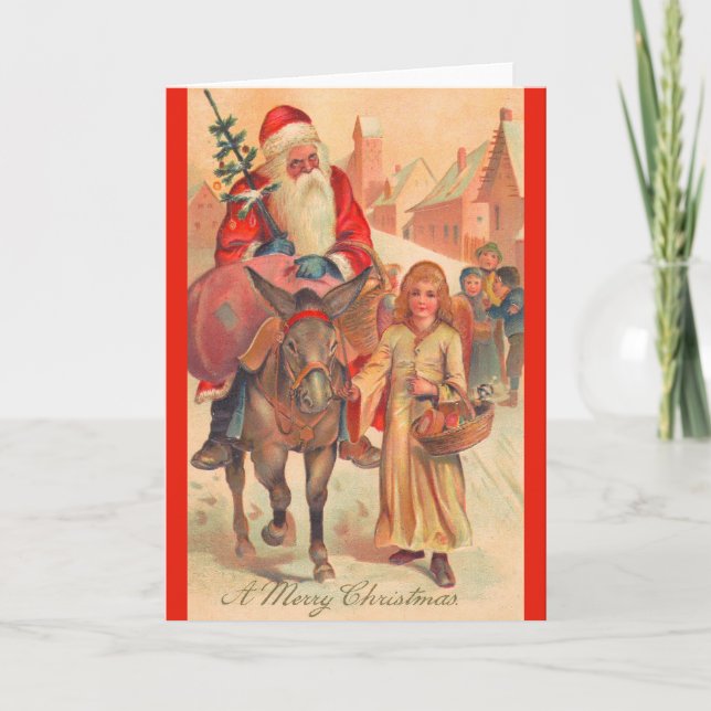 Santa Claus riding a donkey Merry Christmas Holiday Card (Front)