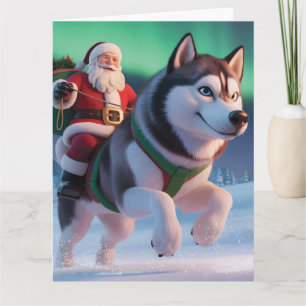 Santa Claus Riding a Giant Husky Throuh Snow Card
