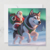Santa Claus Riding a Giant Husky Throuh Snow