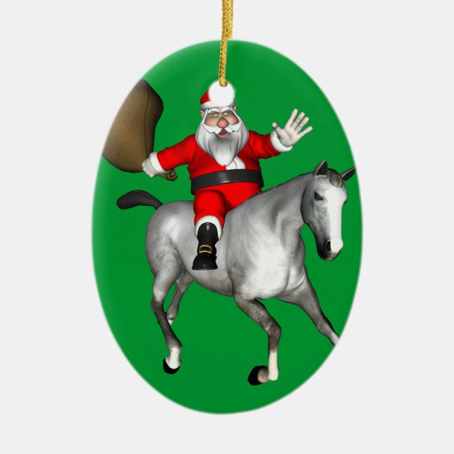 Santa Claus Riding A Grey Horse Ceramic Ornament (Front)