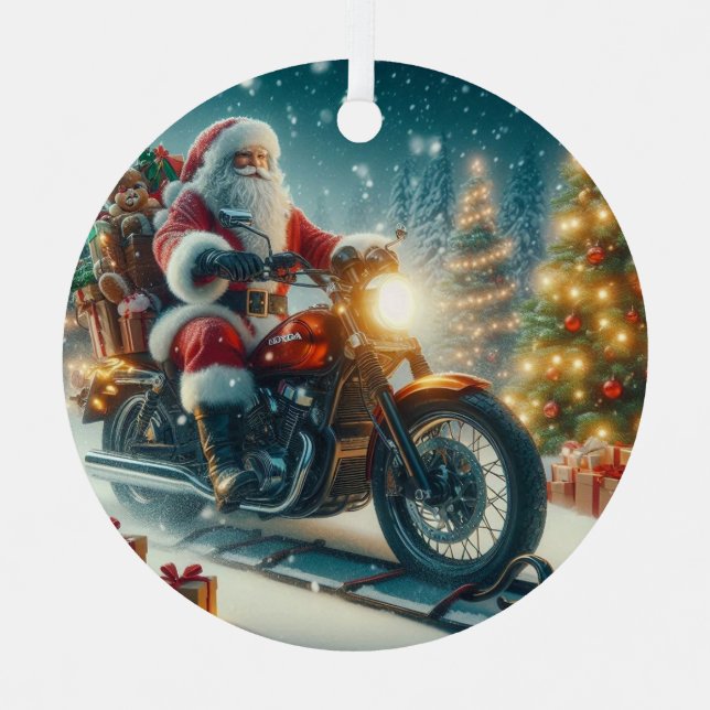 Santa Claus Riding A Honda Motorcycle Sled Metal Ornament (Front)
