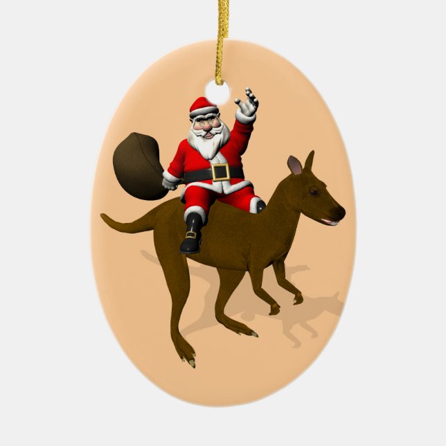 Santa Claus Riding A Kangaroo Ceramic Ornament (Front)