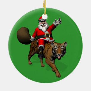 Santa Claus Riding A Tiger Ceramic Ornament