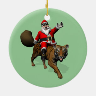 Santa Claus Riding A Tiger Ceramic Ornament