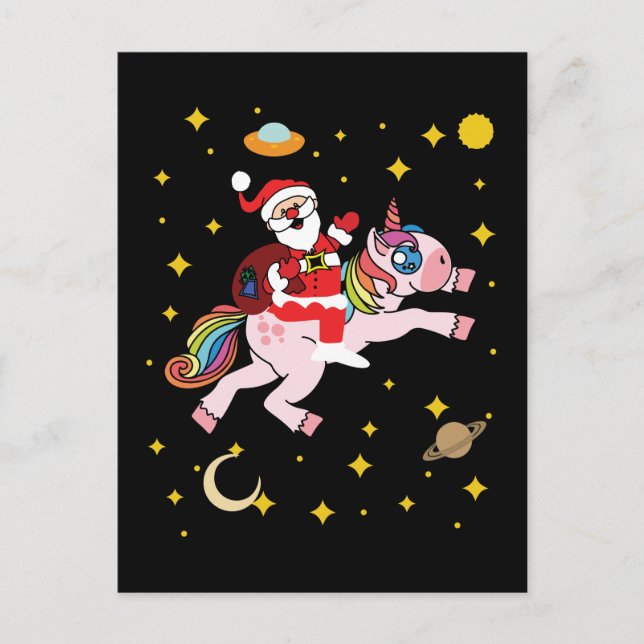 Santa Claus Riding a Unicorn In Space Postcard (Front)