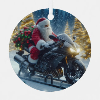 Santa Claus Riding A Yamaha Motorcycle Sled Metal Ornament