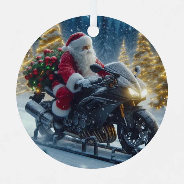 Santa Claus Riding A Yamaha Motorcycle Sled Metal Ornament (Front)