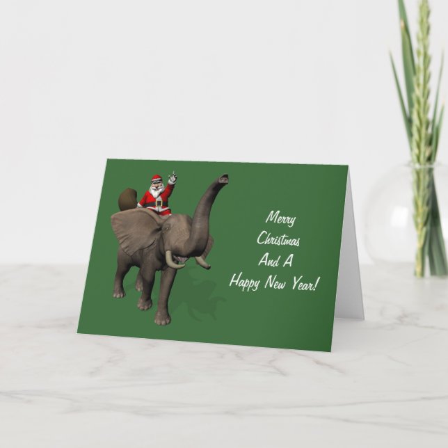 Santa Claus Riding An Elephant Holiday Card (Front)