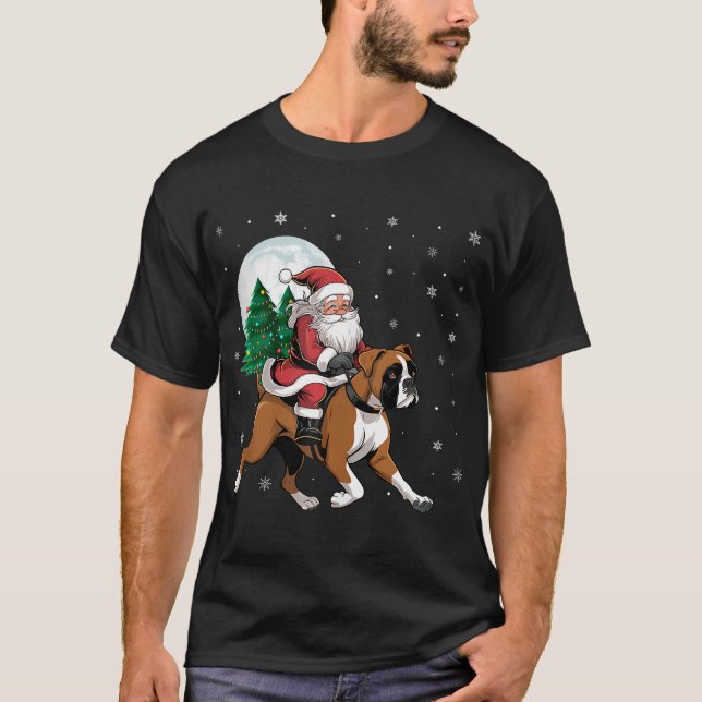 Santa Claus Riding Boxer Dog Funny Christmas Tree  T-Shirt (Front)