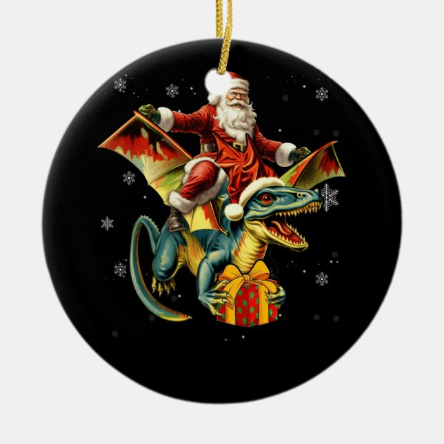 Santa Claus Riding Dinosaur T-Rex Christmas Prehis Ceramic Ornament (Front)