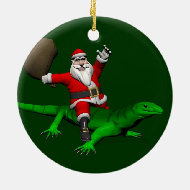 Santa Claus Riding Green Lizard Ceramic Ornament (Back)