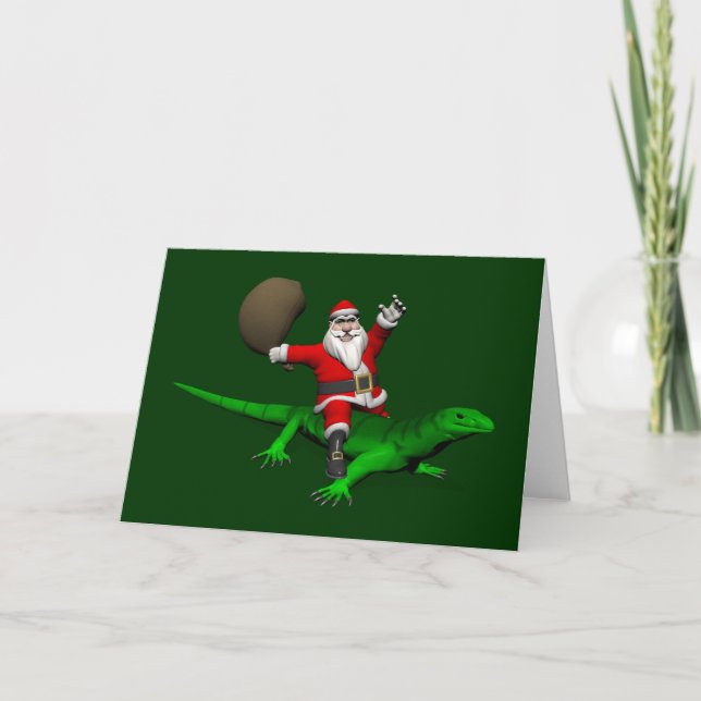 Santa Claus Riding Green Lizard Holiday Card (Front)