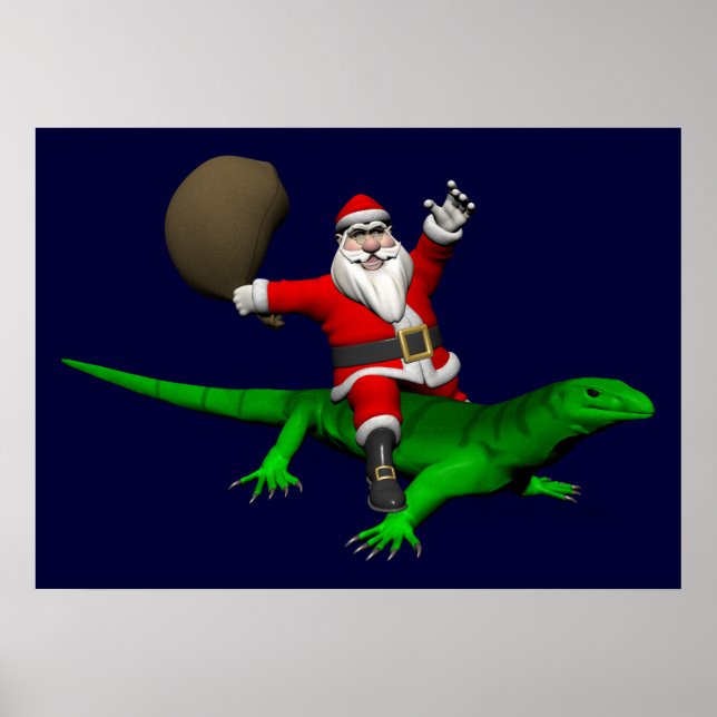 Santa Claus Riding Green Lizard Poster (Front)