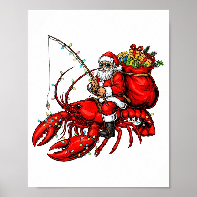 Santa Claus Riding Lobster Lights Christmas Fishin Poster (Front)