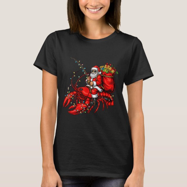 Santa Claus Riding Lobster Lights Christmas Fishin T-Shirt (Front)