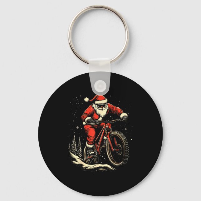 Santa Claus Riding Mountain Bike Christmas Funny M Keychain (Front)