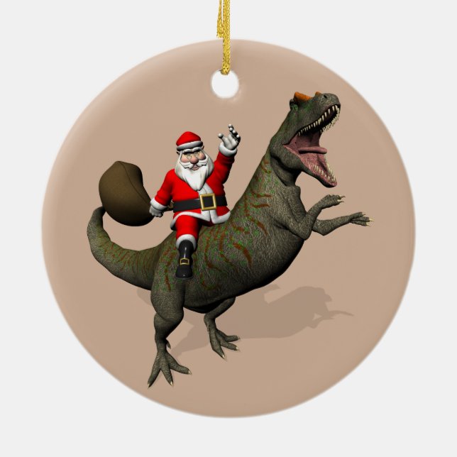 Santa Claus Riding On Allosaurus Ceramic Ornament (Back)