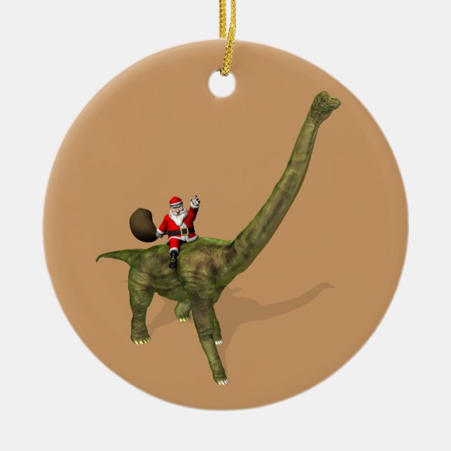 Santa Claus Riding On Brachiosaurus Ceramic Ornament (Front)