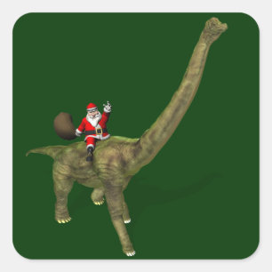 Santa Claus Riding On Brachiosaurus Square Sticker