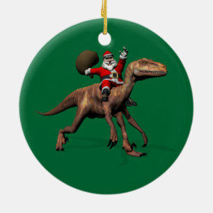 Santa Claus Riding On Deinonychus Ceramic Ornament