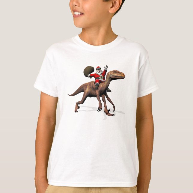 Santa Claus Riding On Deinonychus T-Shirt (Front)